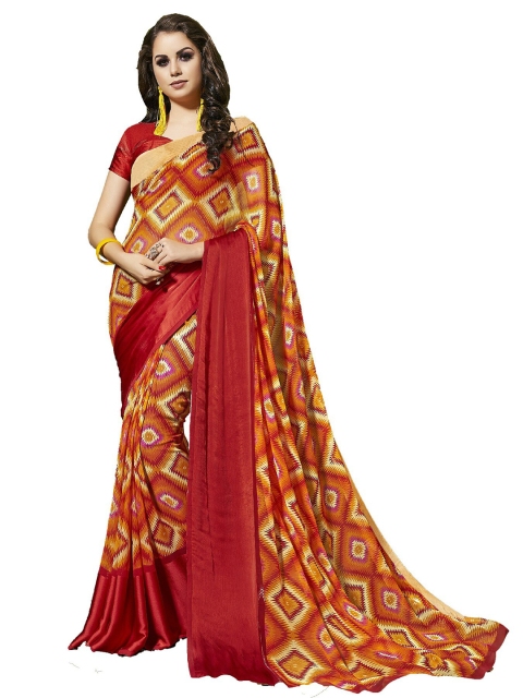 

UNITED LIBERTY Orange & Red Art Silk Block Print Saree