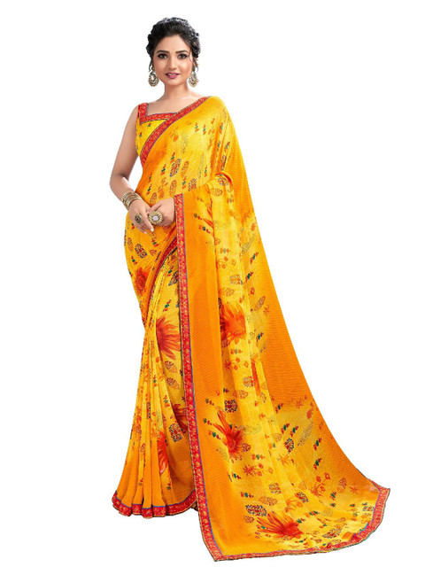 

UNITED LIBERTY Yellow & Red Floral Saree