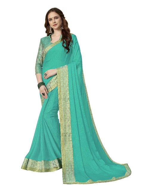

UNITED LIBERTY Teal Floral Art Silk Block Print Saree