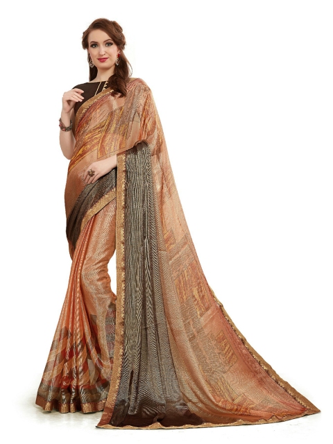 

UNITED LIBERTY Brown & Grey Embellished Art Silk Block Print Saree