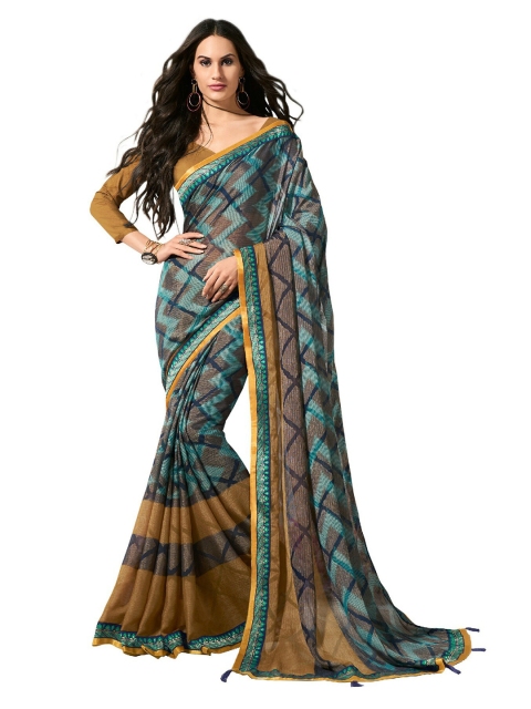 

UNITED LIBERTY Turquoise Blue & Brown Art Silk Block Print Saree
