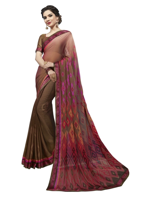 

UNITED LIBERTY Brown & Purple Art Silk Block Print Saree