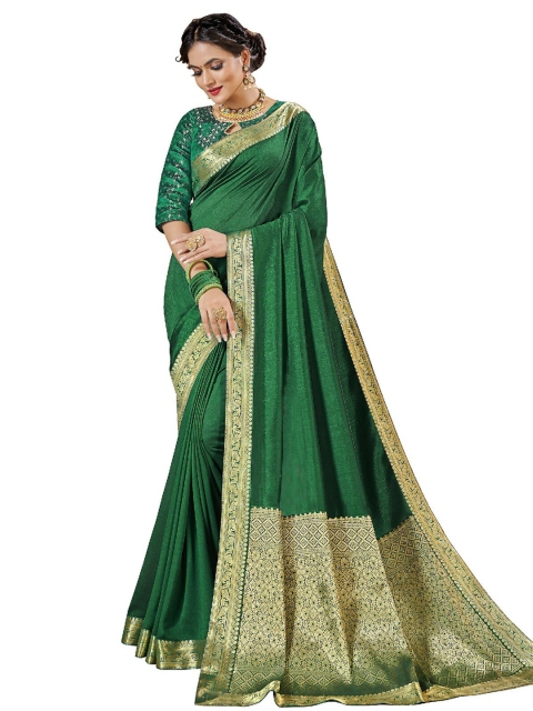 

UNITED LIBERTY Green & Golden Ethnic Motifs Zari Art Silk Block Print Saree