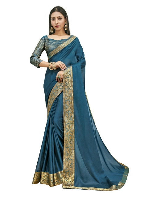 

UNITED LIBERTY Blue & Gold-Toned Paisley Art Silk Block Print Saree