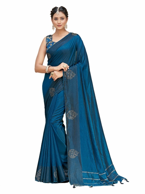 

UNITED LIBERTY Navy Blue Embellished Art Silk Saree