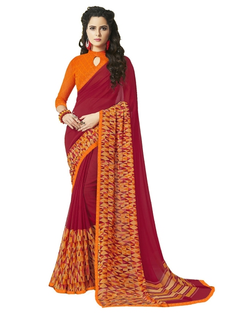

UNITED LIBERTY Maroon & Orange Geometric Block Print Saree