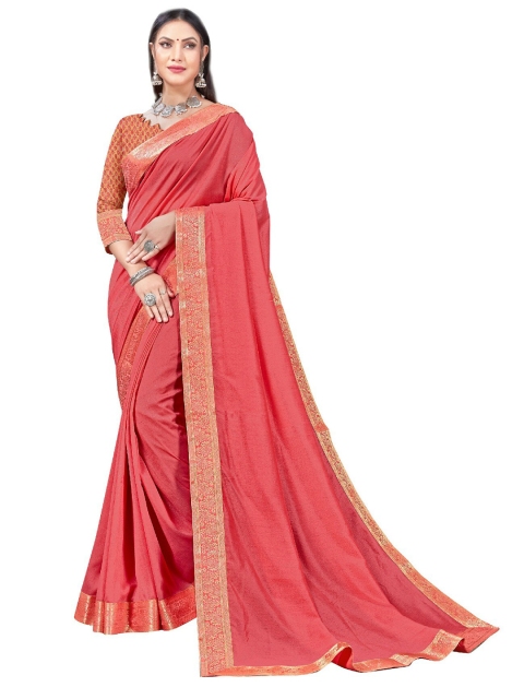 

UNITED LIBERTY Pink & Gold-Toned Zari Art Silk Block Print Saree