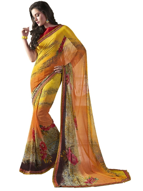

UNITED LIBERTY Yellow & Red Block Print Saree