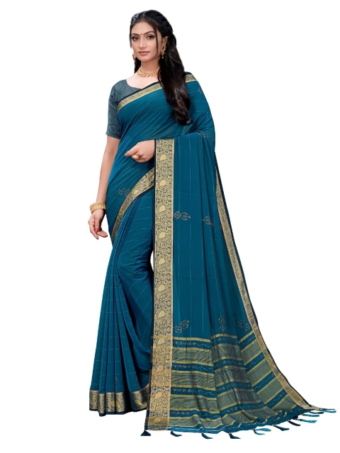 

UNITED LIBERTY Navy Blue & Gold-Toned Woven Design Block Print Saree