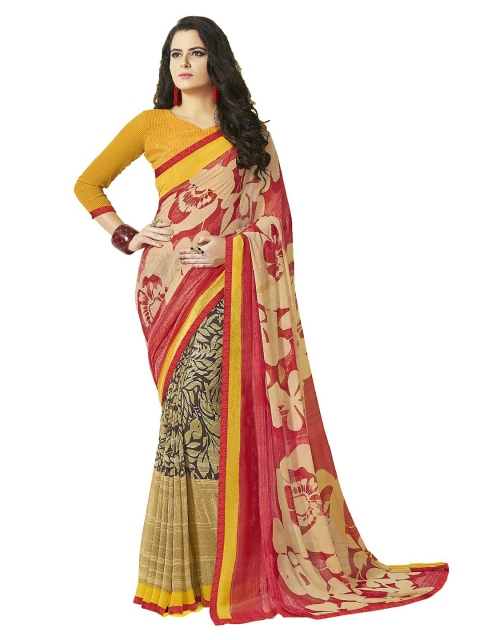 

UNITED LIBERTY Pink & Yellow Block Print Saree