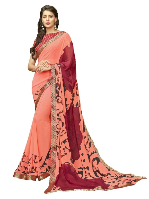 

UNITED LIBERTY Peach-Coloured & Maroon Solid Saree