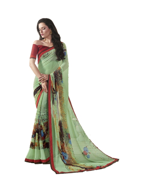 

UNITED LIBERTY Sea Green & Red Floral Printed Saree