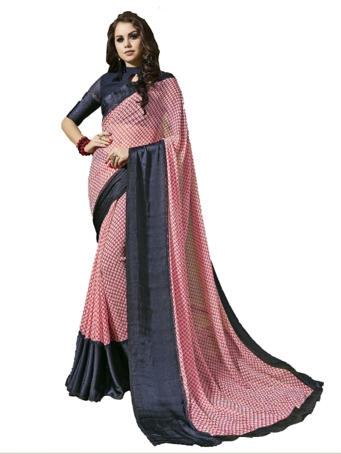 

UNITED LIBERTY Rose & Navy Blue Art Silk Block Print Saree