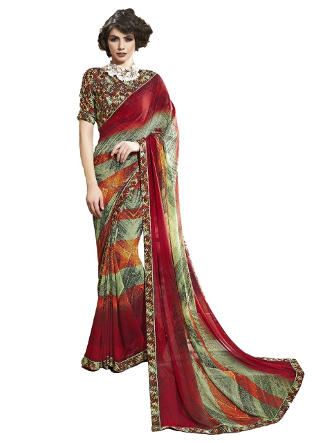 

UNITED LIBERTY Red & Green Abstract Block Print Saree