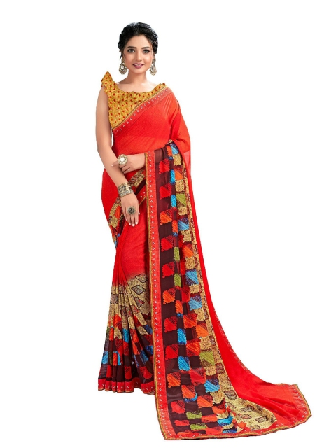 

UNITED LIBERTY Pink & Orange Ethnic Motifs Block Print Saree