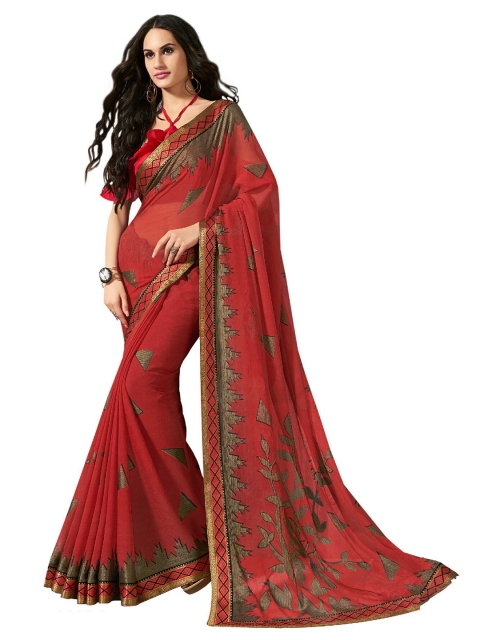 

UNITED LIBERTY Maroon & Beige Art Silk Block Print Saree