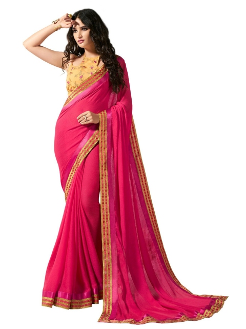 

UNITED LIBERTY Pink & Gold-Toned Art Silk Block Print Saree