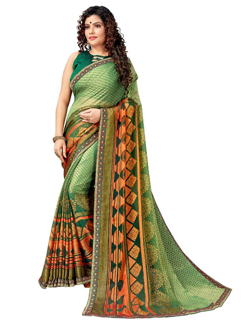 

UNITED LIBERTY Green & Orange Floral Art Silk Block Print Saree