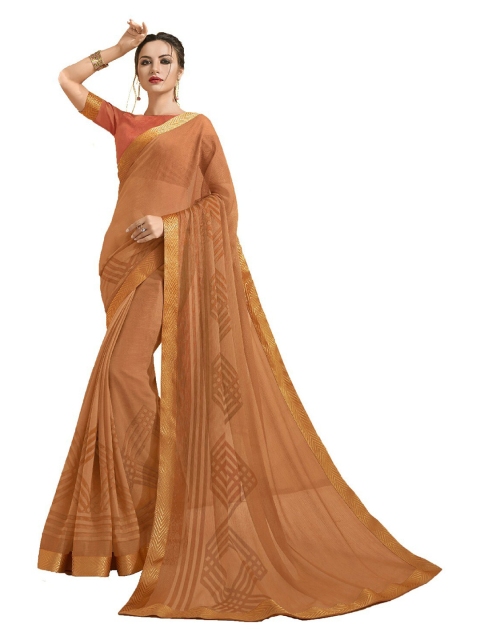

UNITED LIBERTY Brown & Gold-Toned Art Silk Block Print Saree