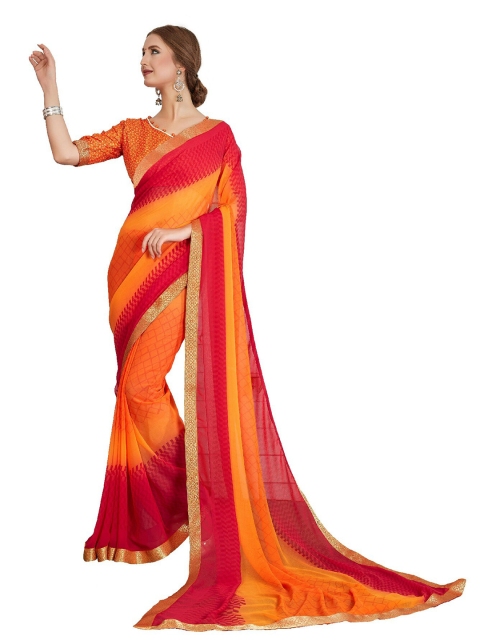 

UNITED LIBERTY Yellow & Red Checked Block Print Saree