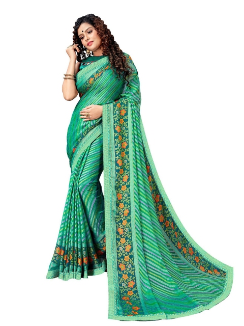 

UNITED LIBERTY Sea Green & Orange Striped Art Silk Saree
