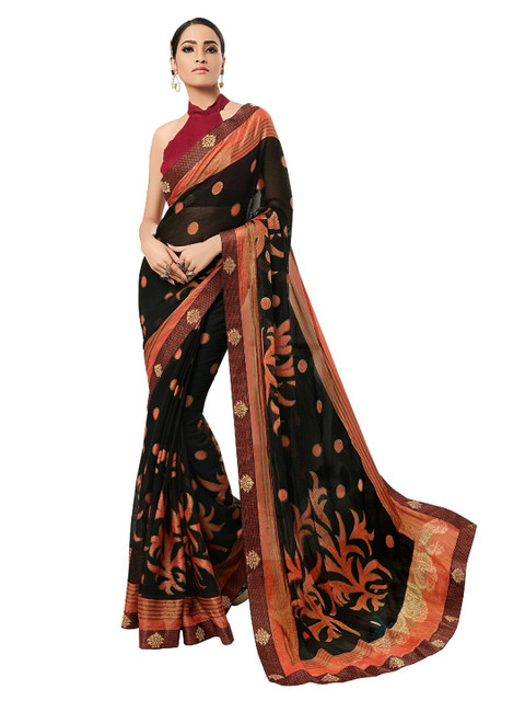 

UNITED LIBERTY Black & Red Floral Zari Art Silk Saree