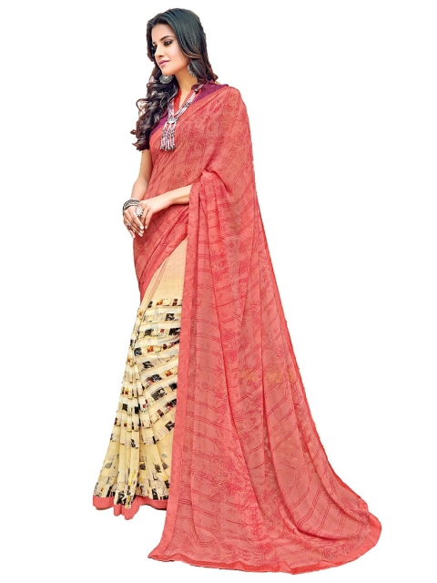 

UNITED LIBERTY Peach-Coloured & Beige Block Print Saree