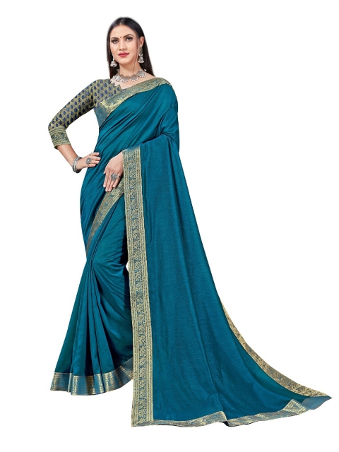 

UNITED LIBERTY Teal Blue Ethnic Motifs Art Silk Block Print Saree