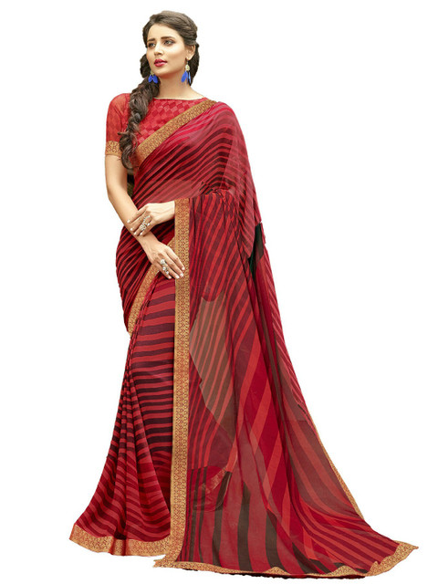 

UNITED LIBERTY Red & Black Striped Block Print Saree