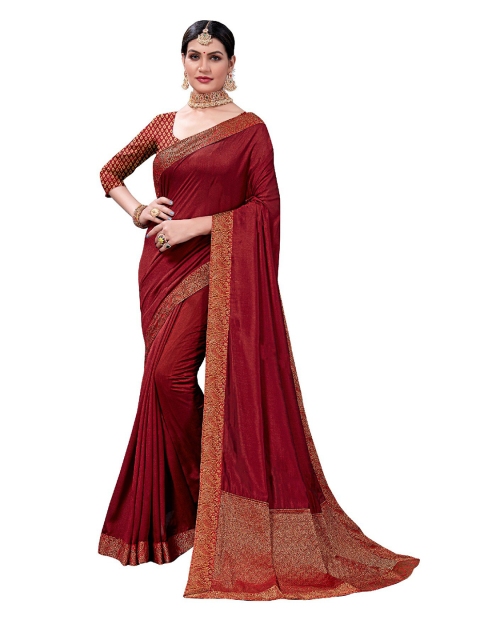 

UNITED LIBERTY Maroon & Golden Ethnic Motifs Art Silk Block Print Saree