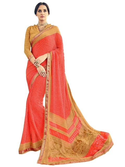 

UNITED LIBERTY Peach-Coloured & Golden Ethnic Motifs Block Print Saree