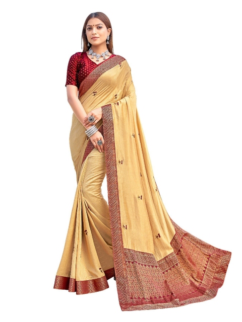 

UNITED LIBERTY Cream-Coloured & Red Floral Zari Art Silk Saree