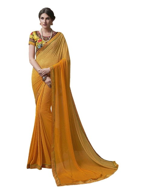 

UNITED LIBERTY Yellow & Green Floral Embroidered Block Print Saree