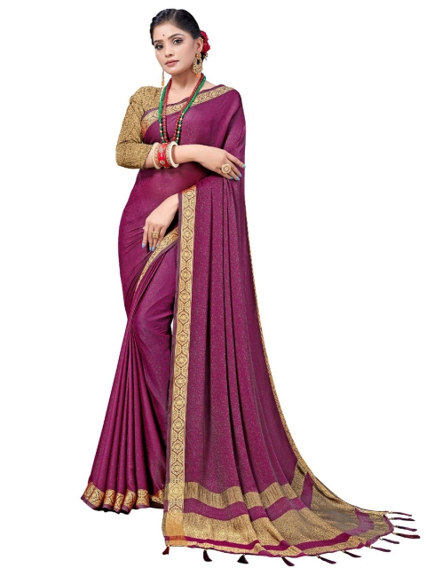 

UNITED LIBERTY Purple & Gold-Toned Art Silk Block Print Saree