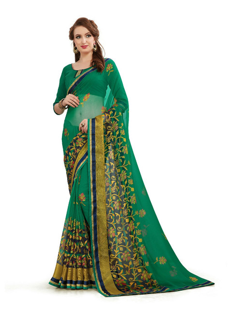 

UNITED LIBERTY Green & Lime Green Floral Art Silk Block Print Saree