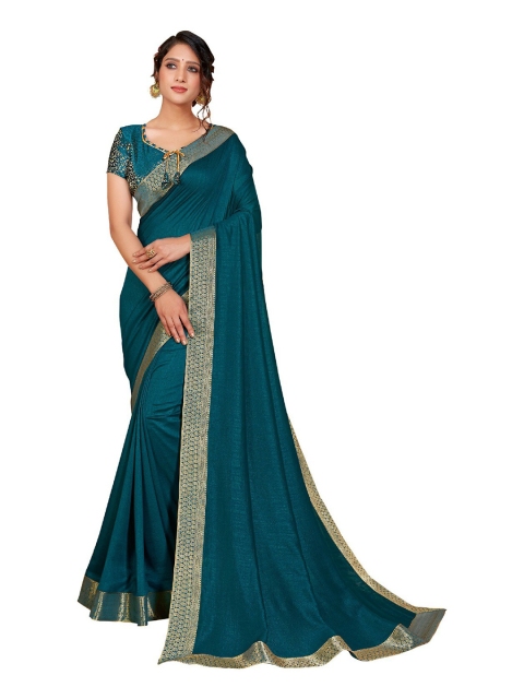 

UNITED LIBERTY Teal & Gold-Toned Art Silk Block Print Saree