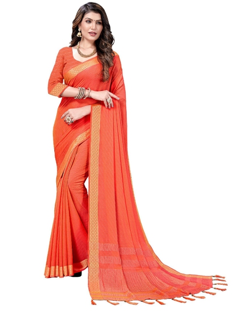 

UNITED LIBERTY Peach-Coloured & Golden Striped Zari Art Silk Block Print Saree