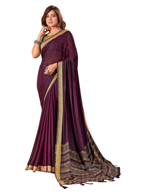 

UNITED LIBERTY Purple & Gold-Toned Floral Art Silk Block Print Saree