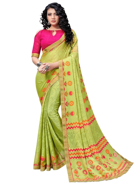 

UNITED LIBERTY Green & Orange Floral Art Silk Block Print Saree