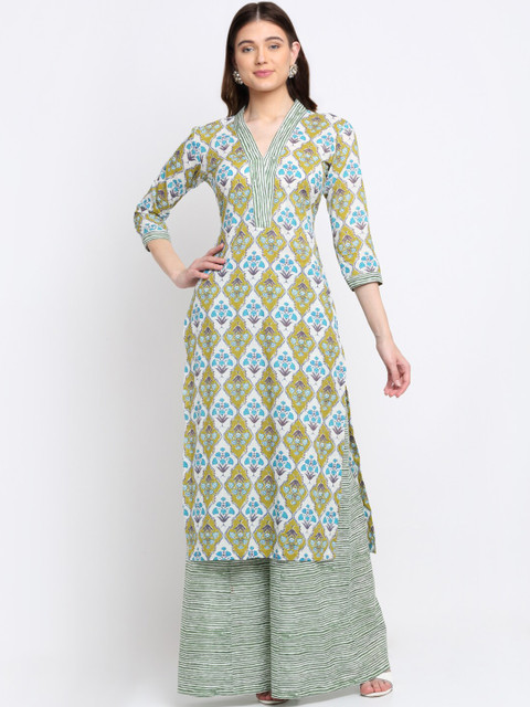 

anokherang Women Green Layered Pure Cotton Kurti with Salwar & With Dupatta