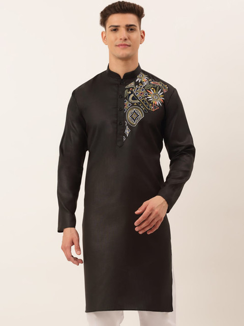 

Jompers Men Black Ethnic Motifs Thread Work Cotton Kurta