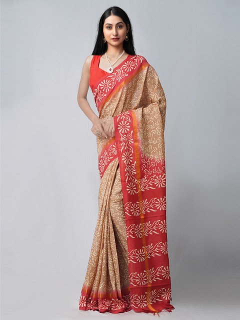 

Unnati Silks Red & Beige Ethnic Motifs Printed Silk Blend Patola Saree