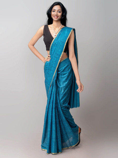 

Unnati Silks Blue & Golden Bagh Zari Handloom Sustainable Pure Cotton Venkatgiri Saree