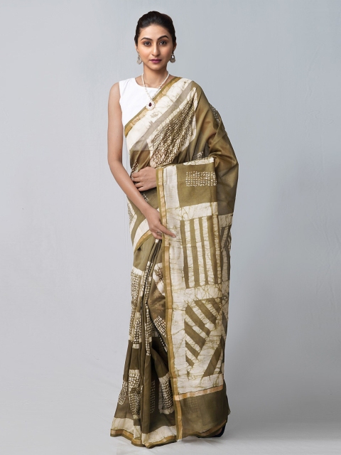 

Unnati Silks Olive Green & Off-White Batik Handloom Sustainable Silk Cotton Chanderi Saree