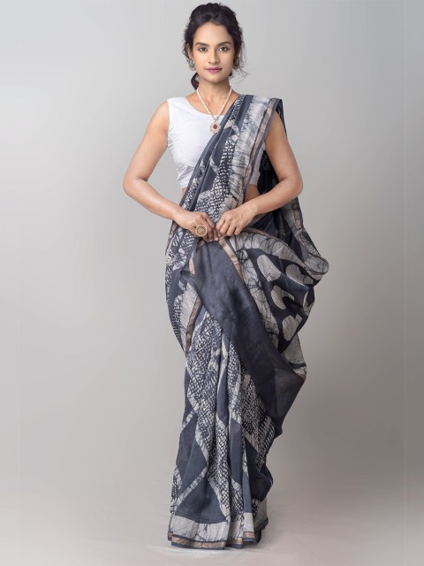 

Unnati Silks Blue & Off-White Batik Zari Handloom Sustainable Silk Cotton Chanderi Saree