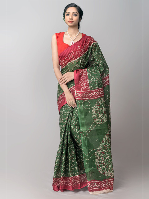 

Unnati Silks Green & Red Bandhani Pure Cotton Bandhani Saree