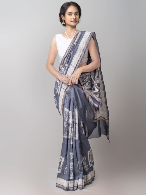 

Unnati Silks Blue & Off-White Batik Zari Handloom Sustainable Silk Cotton Chanderi Saree