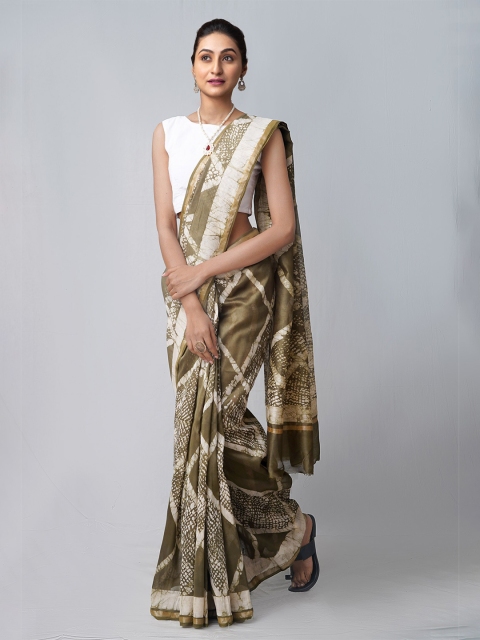 

Unnati Silks Green & White Batik Zari Silk Cotton Chanderi Saree