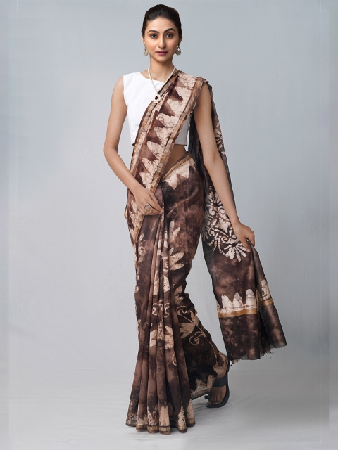 

Unnati Silks Brown & Cream-Coloured Batik Zari Silk Cotton Chanderi Saree