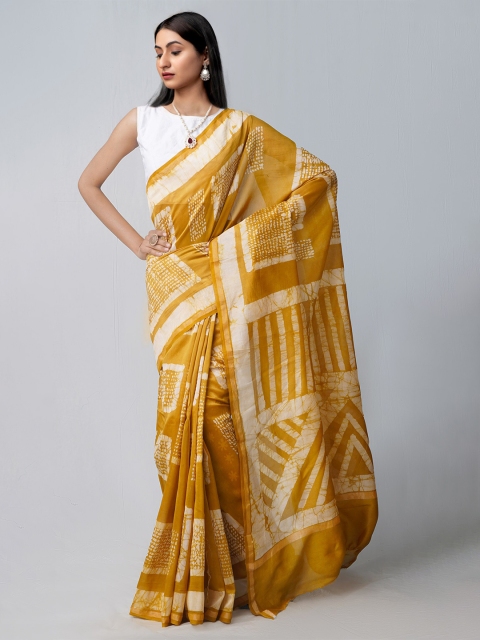 

Unnati Silks Yellow & Off White Batik Zari Silk Cotton Chanderi Saree